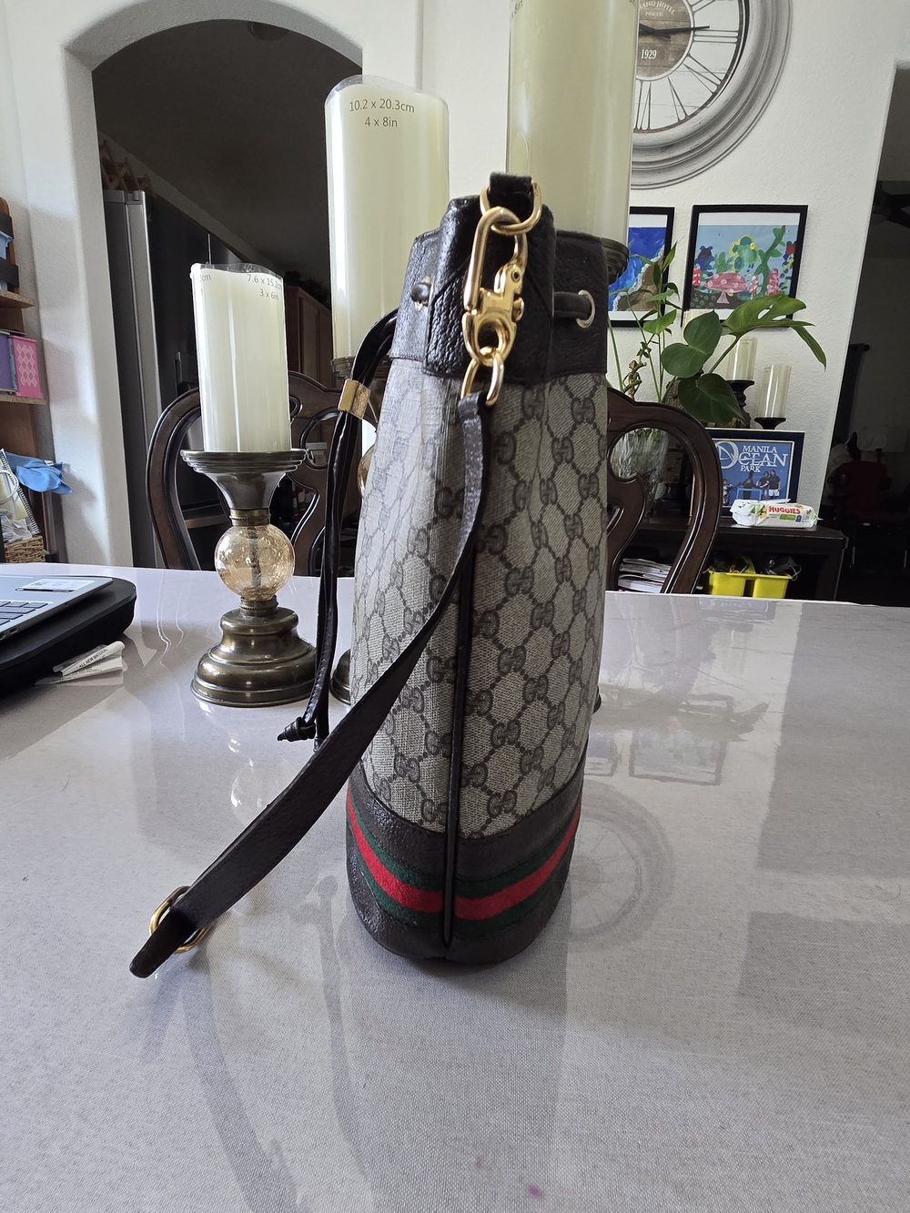 Gucci Beige GG Supreme Canvas Bucket Bag with Green and Red Web Stripe - Picture 7 of 8